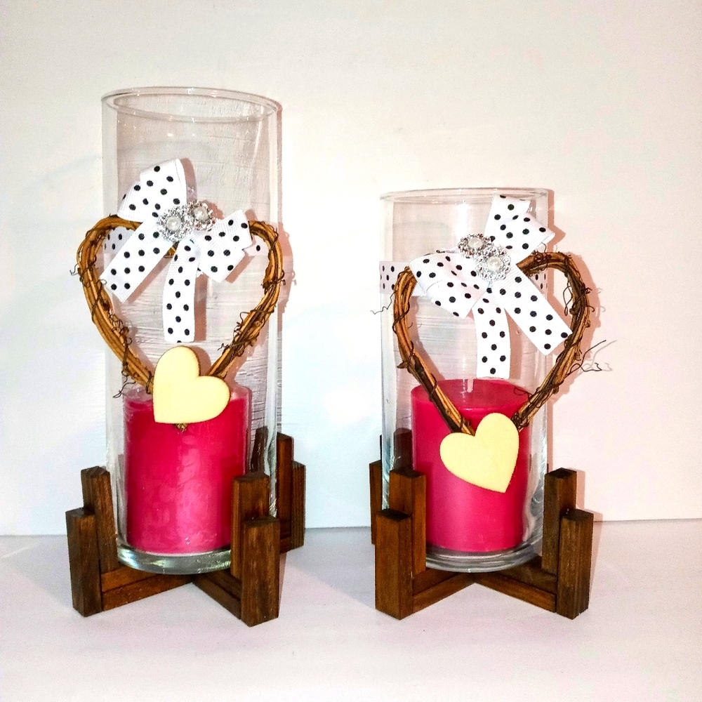 2 Glass Valentine Day Candleholders/Vases